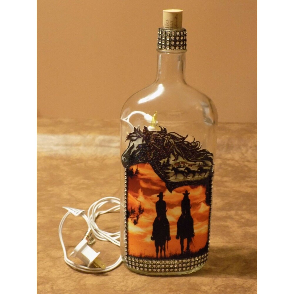 Western Horses Cowboys Print/Rhinestones Glossy Art Glass Lighted Bottle Plugin